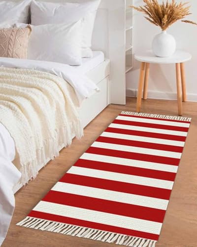 Simple Red Stripes Kitchen Runner Rug 2'x4', Washable Woven Cotton Area Rug Bathroom Hallway Rug, Geometric Vertical Linens Modern Minimalism Entryway Bedroom Rug Non Slip Throw Rug Carpet - color: Red, size: 2 x 4 ft