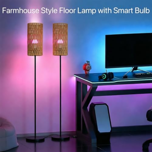 Ruiever 2 Pack Smart Floor Lamp for Living Room,Gaming - Remote, Timer Floor lamp with Remote, APP Control & RGB Standing lamp with Hand-Worked Rattan Shade Bluetooth Bulb Included - style: 2PACK Round Rattan-RGB Bulb