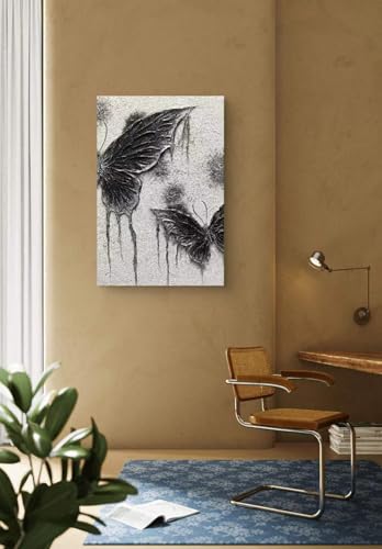 Boiee Art,24x36Inch Textured Hand Painted Vintage Butterfly Art Gothic Style Moth Artwork Elegant Abstract Wall Art Oil Painting Wood Inside Framed Ready to Hang - color: Coal black & White, size: 24"L x 36"W