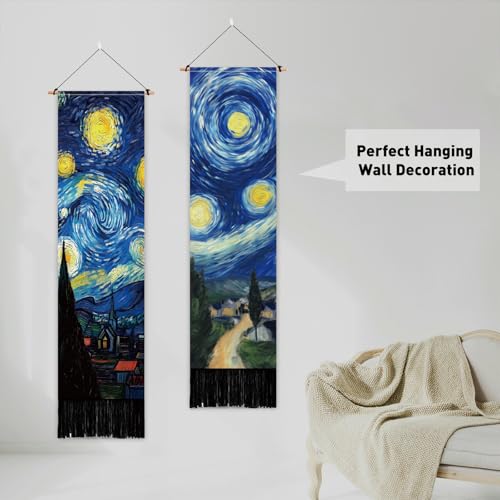 PLIGREAT 2 Pack Starry Night Tapestry with Tassels, Blue Oil Painting Art Wall Hanging Vertical Long Narrow Home Wall Tapestry for Bedroom Living Room Bathroom Dorm, 52" x 13" - color: blue,yellow