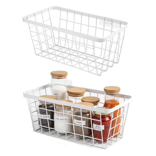 2 Set LeleCAT Hanging Wall Basket Organizer, Over the Cabinet Door Adhesive Wire Baskets for Organizing Kitchen Food Pantry Bathroom Shelf Storage No Drilling Wall Mounted,White - color: White-New, size: 2 PACK