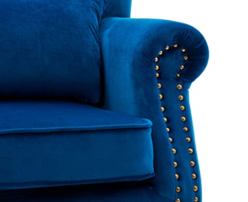 Kmax Blue Accent Chair Velvet Wingback Chair with Pillow Nail-Head Channel Tufted Oversized Club Chair for Living Room Bedroom Guest Room - color: Blue