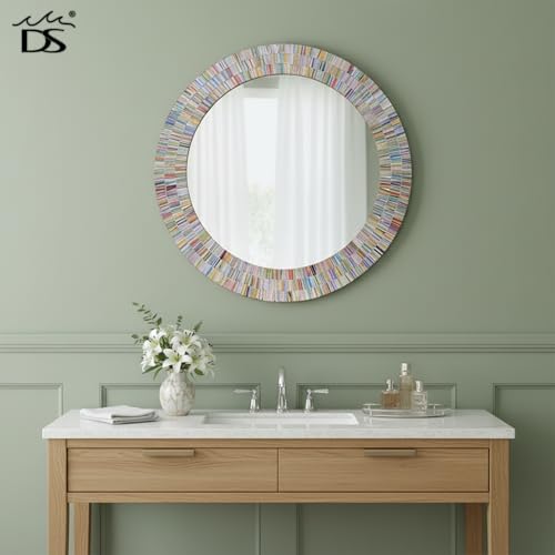 24" Round Rainbow Mosaic Wall Mirror, Multicolor Glass Tile Frame, Bohemian Decorative Accent Mirror for Living Room, Bathroom, Bedroom, Entryway, Wall Mount - color: Rainbow Multicolor