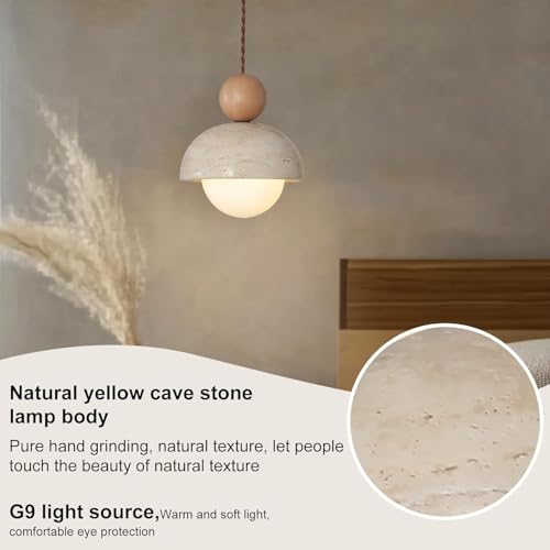 Japanese Wabi-Sabi Yellow Travertine Pendant Lamp Natural Stone Pendant Light with Wood Hanging Light Nordic Mini Pendant Lighting G9 for Kitchen Island Dining Room - color: 2pcs, size: 7.1inch