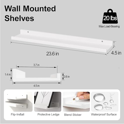White Floating Shelves for Wall Decor, Long Wall Mounted Storage Shelf for Bedroom, Living Room, Bathroom, Kitchen, Nursery, Display Picture Ledge Shelf with Lip Set of 2-24 Inches, White - color: White, size: 23.6in