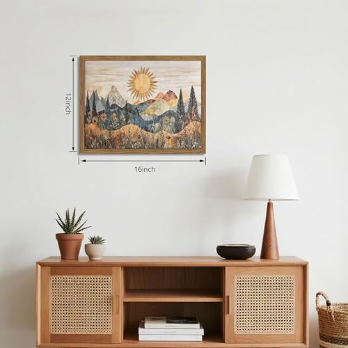 Framed Boho Sun Canvas Wall Art, Modern Abstract Mountain Landscape Painting, Southwestern Sun Poster Picture Print, Boho Floral Aesthetic Wall Decor for Bedroom Home Office 12x16 inch - color: Mountain Scenery, size: 16"L x 12"W