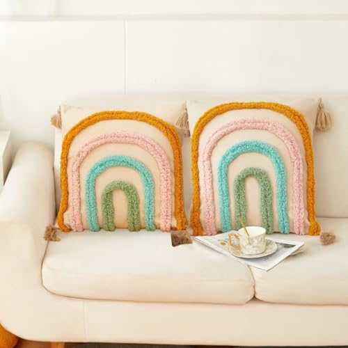 Set of 2 Boho Rainbow Decorative Textured Throw Pillow Covers 18x18 Farmhouse Colorful Tufted Pillow Covers with Tassels Woven Cushion Case for Sofa Bed Living Room Hallowmas Champagne - color: Champagne, size: 18" x 18" (Pack of 2)