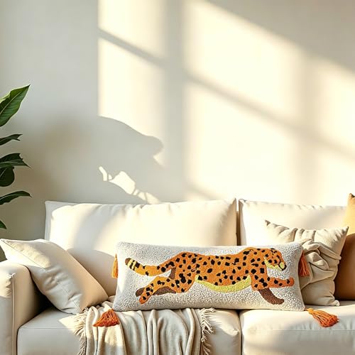 Beeveer 1 Pcs Leopard Hooked Wool Pillow 8 x 22 Inch Cheetah Lumbar Throw Decorative Animal Needlepoint Pillow with Zipper Embroidery Tufting Silver Thread for Home Couch Sofa Bedroom Living Room - color: Leopard, size: 8 x 22 Inch
