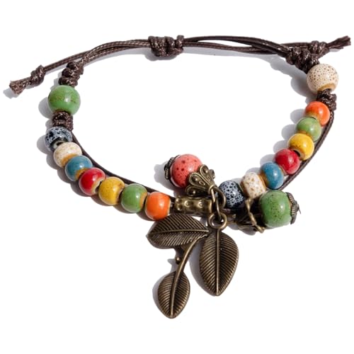 Handmade Green Boho Bracelets for Women, Bohemian Ceramic Beads Bracelets for Friends, Trendy Porcelain Stone Beaded Bracelets for Sisters - color: Colorful-Leaf