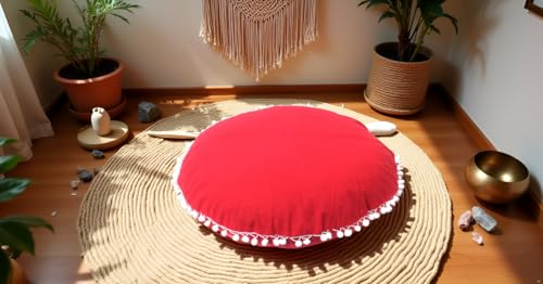 Round Mandala Floor Pillow Cover Seating Cushion Throw Cover Hippie Decorative Bohemian Ottoman Pouf Cover, Pom Pom Pillow Cases,Boho Indian (Red, 32" Round) - color: Red, size: 32"D x 4"W x 32"H