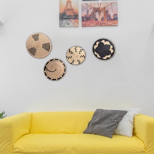 Round Wicker Basket Wall Decor, Set of 4 Hanging Woven Wall Basket Decor Black, Boho Wall Basket Decor Art for Farmhouse Living Rooms Bedrooms Display