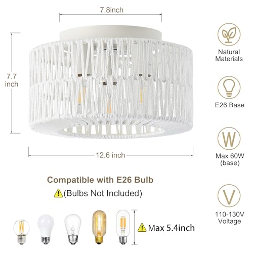 12.6" Rattan Flush Mount Ceiling Light Fixtures, 3-Light Boho Light Fixture Rattan Hand-Woven Chandelier Close to Ceiling Light Fixture for Bedroom Hallway Kitchen Dining Room Nursery(White) - color: 12.6”White