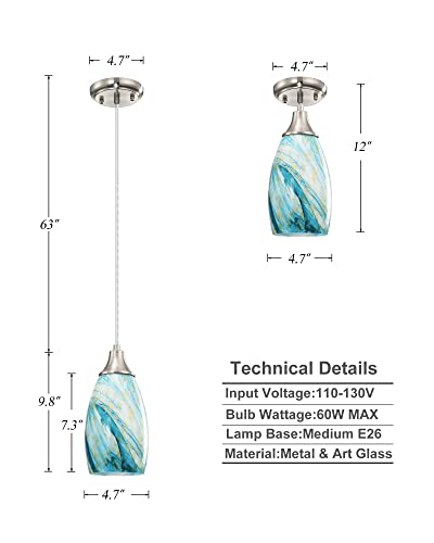 Art Glass Mini Pendant Lights for Kitchen Island Blown Art Glass Pendant Light Shade hanging ceiling lights with Brushed Nickel Finish for Kitchen Counter bar,Dining Room Blue Mixing Yellow-1P - color: Blue Mixing Yellow-1Pack