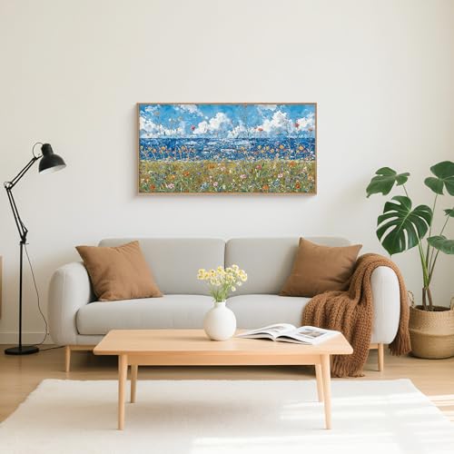 BICERE Large Blue Seaside Wildflower Framed Canvas Wall Art,Modern Nature Ocean Wall Decor,Rustic Sky Printing,White Cloud Landscape Artwork for Living Room,Bedroom,Dining Room-20"x40"x1 - color: Seaside Flowers Wall Art, size: 40"L x 20"W