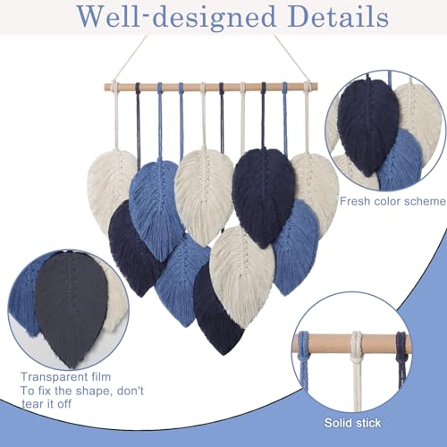 Weldomcor Macrame Wall Hanging Leaves Chic Woven Leaf Tassels Decoration Cotton Ornaments Tapestry Room Decor Modern Bohemian Handmade Feather Wall Art Decorations for Apartment Backdrop (Navy Blue) - color: Navy Blue