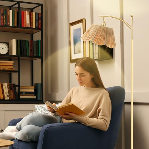 Ambimall 60" Floor Lamps for Living Room with 3 Color Temperatures, Gold Floor Lamp with Rattan Shade, Modern Tall Lamps for Bedroom Office, 9W LED Bulb Included - color: Boho & Gold