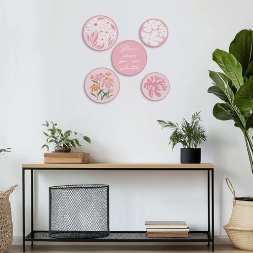 5 Pcs Funny Pink Flower Wall Art Hippie Floral Print Aesthetic Hanging Decor for Apartment Bedroom Living Room Dining Room Farmhouse Porch Kitchen - color: Pink Flower