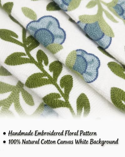 Alysheer Floral Embroidered Summer Decorative Throw Pillow Covers 18"x 18" Set of 2, Farmhouse Blue Flowers Green Vines Patterned Cotton Cushion Cases for Couch Bed Living Room Cottage Decor - color: Blue, size: 18" x 18" (Pack of 2)