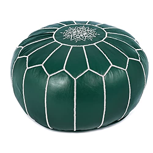 Marrakesh Gallery Genuine Leather Round Pouf Unstuffed - Moroccan Ottoman Footstool, Footrest Cover - Boho Decor - Bohemian Living Room, Bedroom, Kids Room, Gift & Wedding - color: Dark Green
