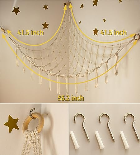 Stuffed Animal Storage Hammock or Net Corner - Large Toy Hammock Net for Stuffed Animals Room Decor - Cute Stuff Animal Organizer Plush Holder - Kids Baby Nursery Essentials Wall Bedroom Home Decor - color: Beige, size: Standard(41.5"L x 55.2"W x 41.5"H)
