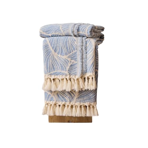 DOWN HOME Chenille Cotton Throw Blanket for Couch, Lightweight Boho Blanket for Bed Sofa Chair Living Room Outdoor Soft Woven Decorative Blanket with Tassel Gift Blue Leaves 50"x70" - color: Blue, size: 50"x70"