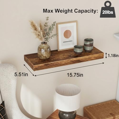 Fixwal Wood Floating Shelves, Wall Shelves Set of 4, Shelves for Wall Decor, with Invisible Brackets for Bathroom, Living Room,Bedroom and Kitchen(15.7in, Rustic Brown) - color: Rustic Brown, size: 15.7in