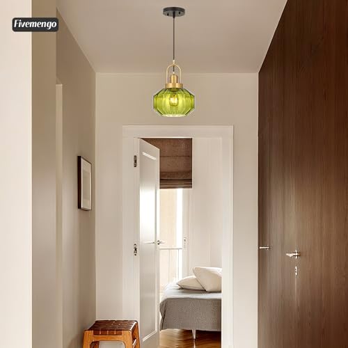 9in Mid Century Modern Pendant Light, Gold and Small Green Glass | Vintage Lighting Fixture Ceiling Hanging Lamp for Kitchen Island Foyer Dining Room Bedroom Entryway Hallway Over Sink Table - color: Green & Gold Hardwire, size: 9in