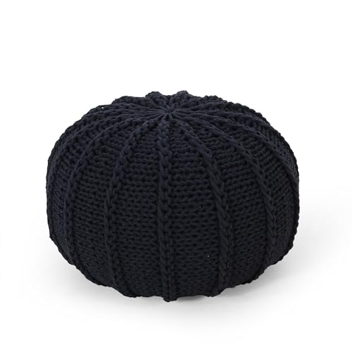 Round Boho Pouf Ottoman - Cable Knitted Cord Boho Pouffe - Stuffed Poof Accent Beanbag Footrest for Living Room - Nursery - Bedroom - Covered Patio - Study Nook (20"x20"x13") (Dark Blue-1) - color: Dark Blue-1