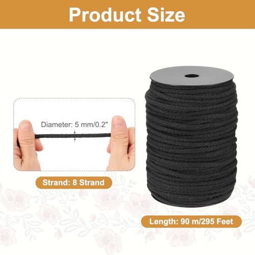MECCANIXITY Macrame Cord 5mm x 295 ft Handmade Natural Cotton Rope, 8 Strand Twisted Braided Rope Cord for Plant Hanger Wall Hanging Dream Catcher Crafts Home Decoration, Black - color: Black