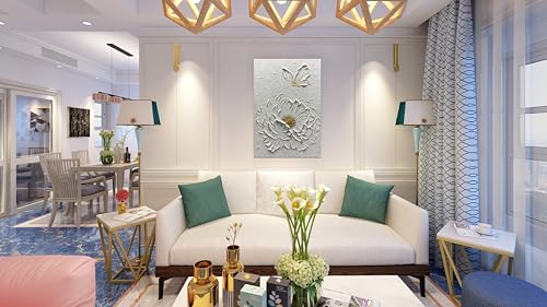 Boiee Art,30x45Inch Hand Painted Textured White Flower Oil Painting On Canvas Gold Acrylic Wall Art Abstract Landscape Paintings Stretched and Framed Ready to Hang - color: Creamy white&Gold, size: 30"L x 45"W