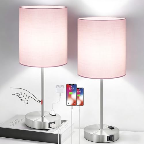 Lynnoland Set of 2 Touch Control Table Lamps, 3-Way Dimmable Bedside Nightstand Lamps for Bedroom Living Room Nursery, 800 Lumens 5000K Warmlight Bulbs Included - color: (2 Pack)Pink & Brushed Nickel(Base)-5000K Bulbs Included