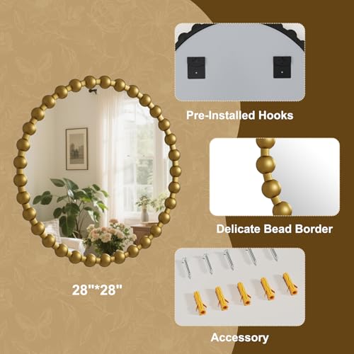 Easly Round Mirror for Wall, 28 Inch Gold Beaded Frame Decorative Vanity Mirror, Circle Bathroom Mirror with High-Definition Lense, Modern Wall Decor for Bathroom, Living Room, Bedroom, Entryway - color: Gold, size: 28"L x 28"W
