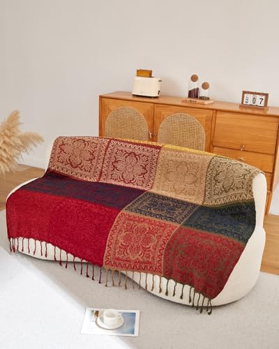 AIVIA Boho Couch Sofa Slipcover Throw Blanket, 2024 Ideal Gifts for Christmas Bohemian Gift for Mom Dad Women Grandma Wife Daughter Sister (87" x 103") - color: Red Yellow Navy Green, size: 87" x 103"
