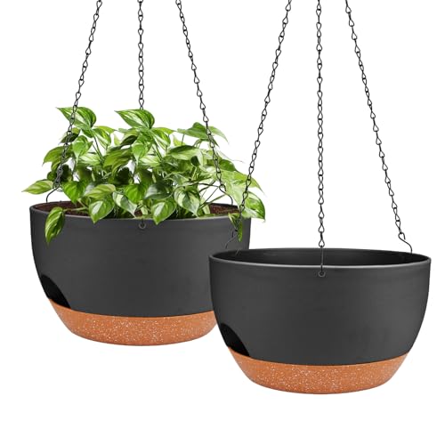 Hanging Planters for Outdoor Indoor Plants, 2 Pack 12 Inch Hanging Basket Plants Outdoor, Self Watering Hanging Planter with Plant Hanger for Garden Home Decoration (Black) - color: Black, size: 12 Inch