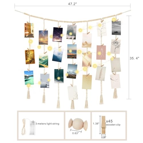 Macrame Hanging Photo Display with String Lights,Boho Wall Decor Picture Card Frame Holder with 45 Clips for Teen Room, Beach Room Decor, Hanging Photo Display with Clips