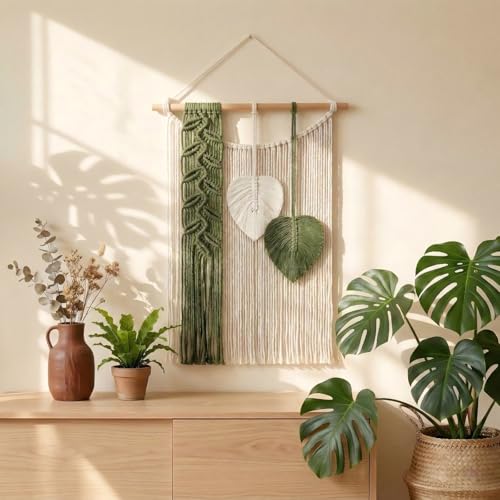 SunsprieJoy Macrame Wall Hanging, Boho Wall Decor Handmade Yarn Woven Leaf Tapestry, Modern Wall Art for Bedroom Nursery Kitchen Dining Room Bathroom, Home Decoration Gift for Women – Green - style: Vertical Leaf