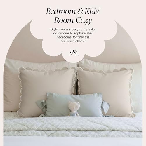 BEBE BASK Scalloped Pillow Cover - Set of 2 - 18 x 18 Inch - Scallop Pillow Cover Natural/White/Beige - 100% Cotton - Grandmillennial Style - color: Natural/White