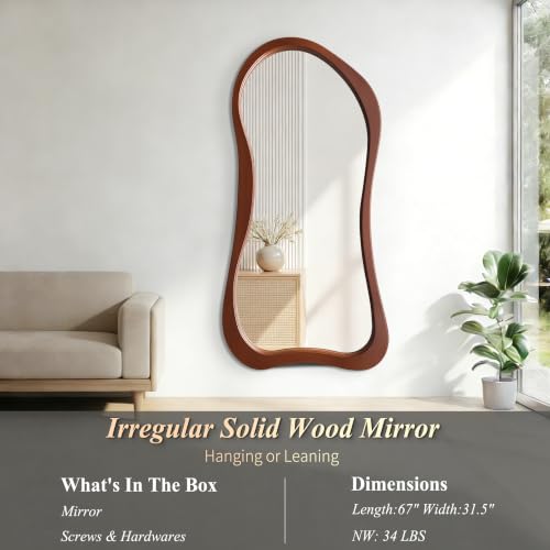 Large Irregular Floor Mirror, 67"x31.5" Organic Shape Mirror with Solid Wood Frame, Asymmetrical Full Length Mirrors for Entryway Hallway Bedroom Cloakroom Living Room, Leaning/Wall-Mounted - color: Walnut Wood Frame, size: 67"L x 31.5"W