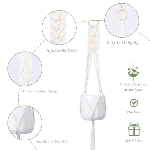 Macrame Plant Hanger 3 PCS Hanging Planters for Indoor Plants with Wood Decor Bohemian Wall Plant Hanger Outdoor Office - color: Beige 01
