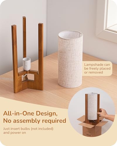 EDISHINE 13.5" Small Table Lamp, Walnut Wood Cylinder Nightstand Lamp for Bedroom, Beige Linen Shade, Corner Modern Bedside Lamp for Living Room, On-Off Line Switch, E26 Base (Bulb Not Included) - color: Dark Pearwood Color