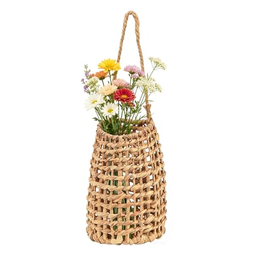 Natural Handwoven Water Hyacinth Hanging Basket – Boho Wall Decor for Front Door, Flowers, Mail & Veggies Storage – Wicker Organizer for Home, Pantry, Garden, Farmhouse