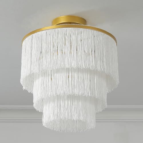 3-Tiered Boho Chandelier with Metal and White Fringe,3 Lights Fringe Pendant Light Fixture,Tassle Chandelier for entryway,Dining Room,Baby Nursery,Gold and White - color: 3-Tiered-White