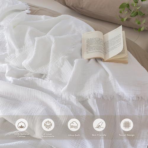 MooMee Muslin Blanket - 100% Cotton 4-Layer Gauze Throw Blanket with All-Around Fringe, Soft Breathable Lightweight Cooling Summer Blankets for Bed Couch (Bright White,Oversize Queen 98" x 98") - color: Bright White, size: Oversize Queen