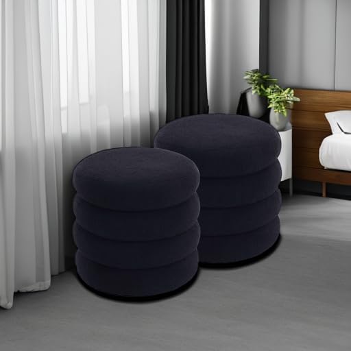 Flouki 19.5" Storage Ottoman Round, Vanity Stools for Bedroom, Entryway Ottoman for Console Table, Ottoman Stool for Girls Women, Foot Stool for Living Room Set of 2, Sherpa Black
