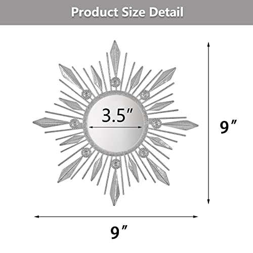 Silver Mirrors Wall Decor, Metal Sunburst Mirror Wall Art Christmas Decorative Mirrors, 9 inch Home Christmas Decoration Rhinestone Small Mirror for Living Room Entryway Set of 3 - color: Silver- a
