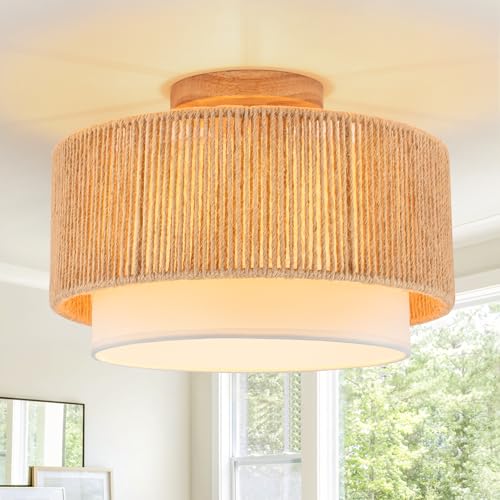 SineRise 12'' Rattan Flush Mount Ceiling Light Fixture,2-Tier Drum Hand-Woven Boho Flush Mount Ceiling Light,Farmhouse Light Fixture for Living Room,Kitchen,Bedroom Foyer Entryway ect. - color: Gold, size: Small Ceiling