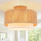 SineRise 12'' Rattan Flush Mount Ceiling Light Fixture,2-Tier Drum Hand-Woven Boho Flush Mount Ceiling Light,Farmhouse Light Fixture for Living Room,Kitchen,Bedroom Foyer Entryway ect. - color: Gold, size: Small Ceiling