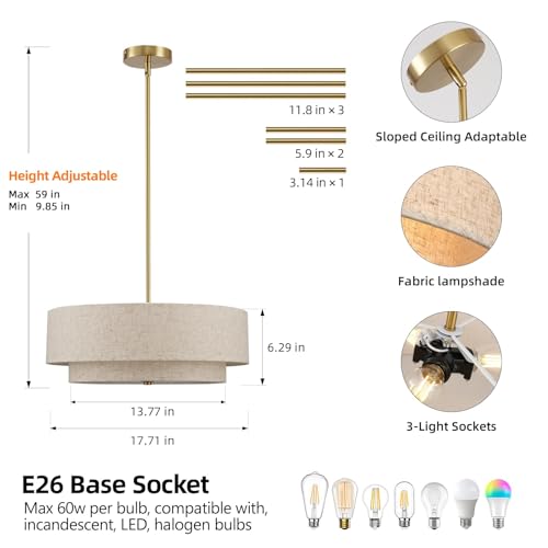 Gold Modern Chandelier 18'' Drum Pendant Light with Fabric Lampshade Hanging Light Fixture 3-Light Farmhouse Chandeliers for Dining Room Bedroom Kitchen Hallway Foyer - color: 18" Fabric Gold