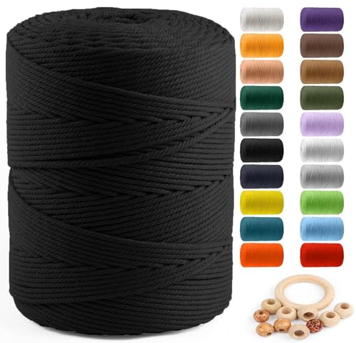 Macrame Cotton Cord 4mm x 547yds, ZUEXT Natural Handmade Black Braided Cords 4 Strands Knitted Rope String for Craft Wall Hanging Weaving Tapestry Dream Catchers Hanger DIY Gift (500m) - color: Black, style: 4mm x 500m