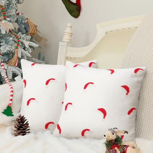Merrycolor Christmas Pillow Covers18×18Inch Tufted Red and White Christmas Hat Cotton Canvas Holiday Decorative Throw Cushion Cases Suitable for beds, Sofas, and Living Rooms Decor - color: Red White Christmas Hat